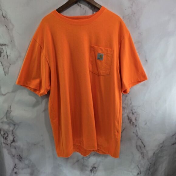 Carhartt T Shirt Mens Large Orange Pocket Loose Fit Tee Short Sleeve Neon Hunter - Picture 1 of 11